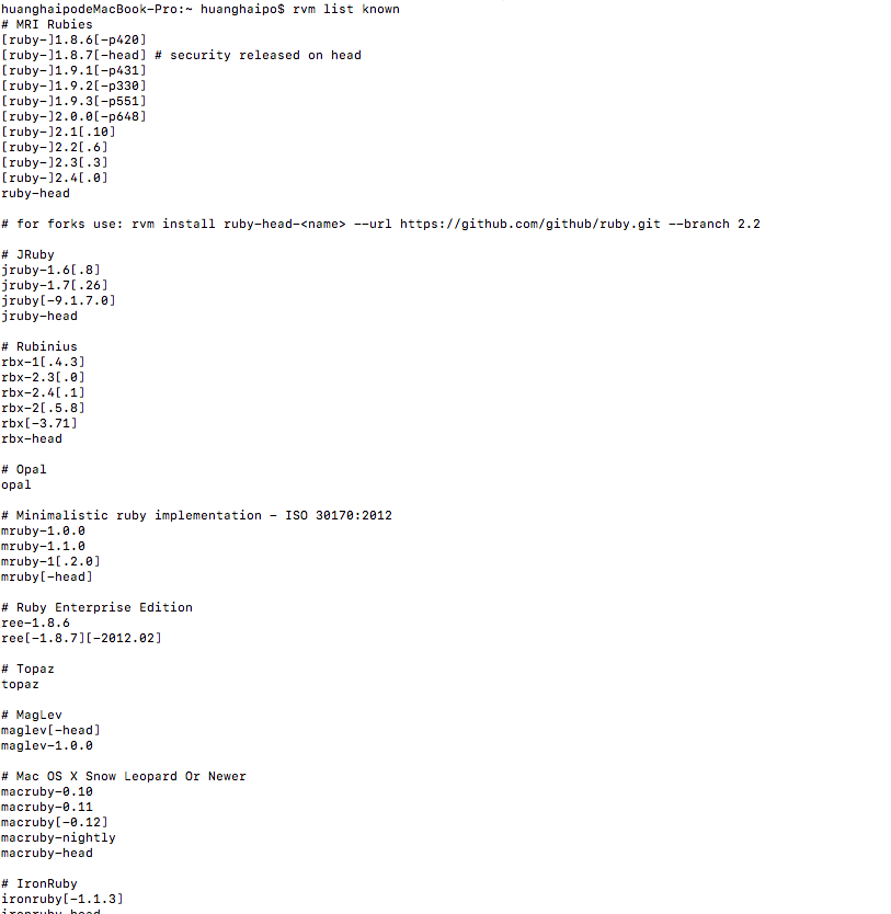列出已知的ruby版本